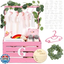 Barydat Wooden Baby Shower Crate Closet Basket with Handle Baby Announcement 