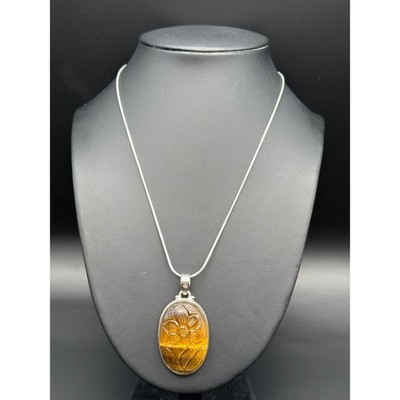 Tigers Eye Hand Carved Flower Necklace Sterling Silver