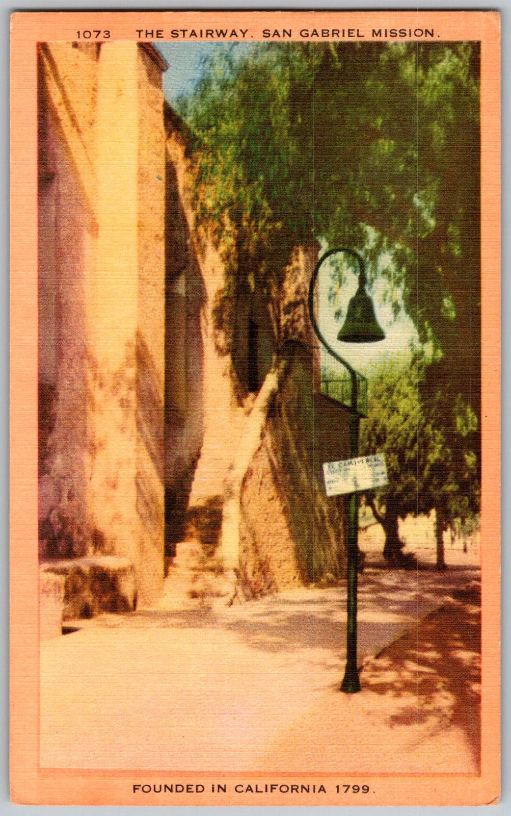 Vtg Linen Postcard Mission Stairway Exterior San Gabriel, CA 1930s
