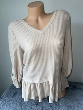 Doe & Rae Top tunic womens S Cream Ruffle Long Sleeve Blouse cute! 3029