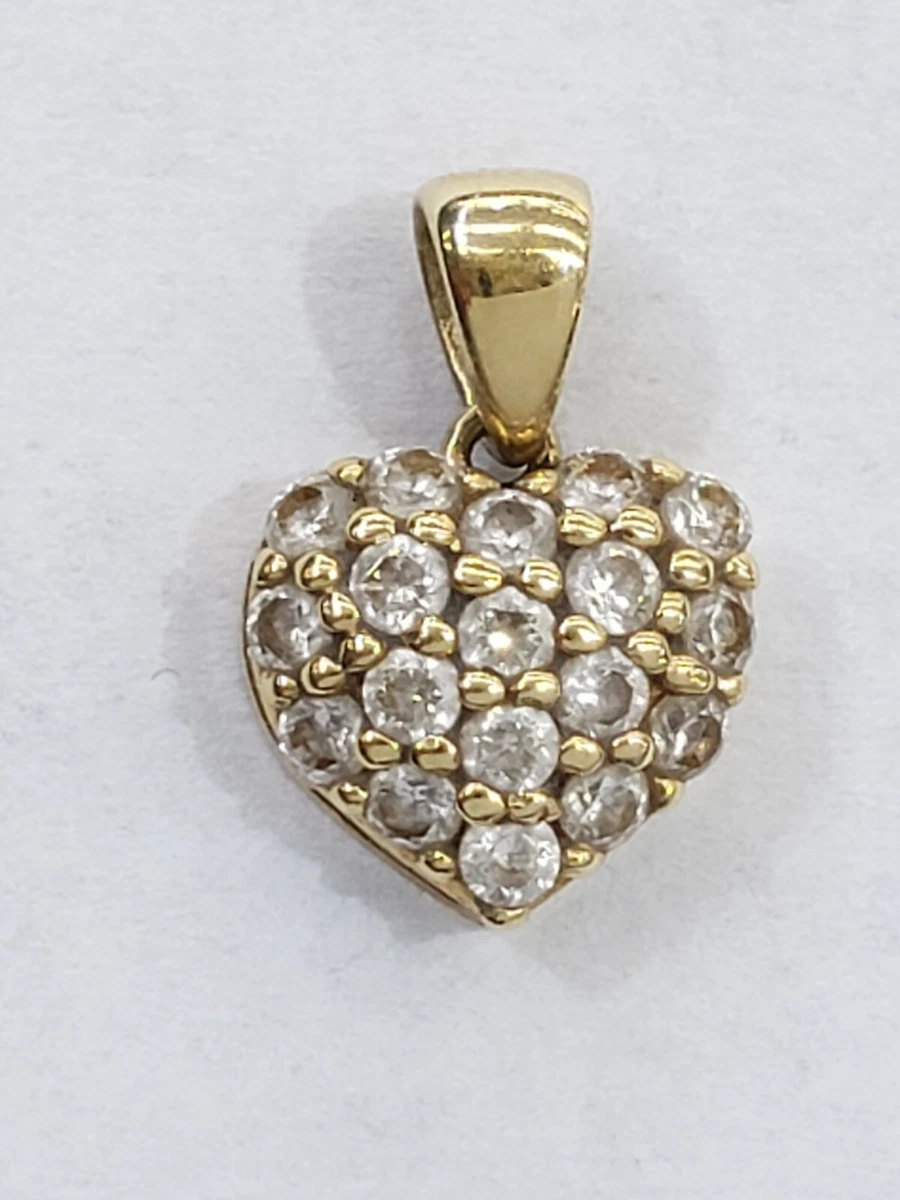 Small real 10k Yellow Gold 3D Heart Pendant Charm white stones cz