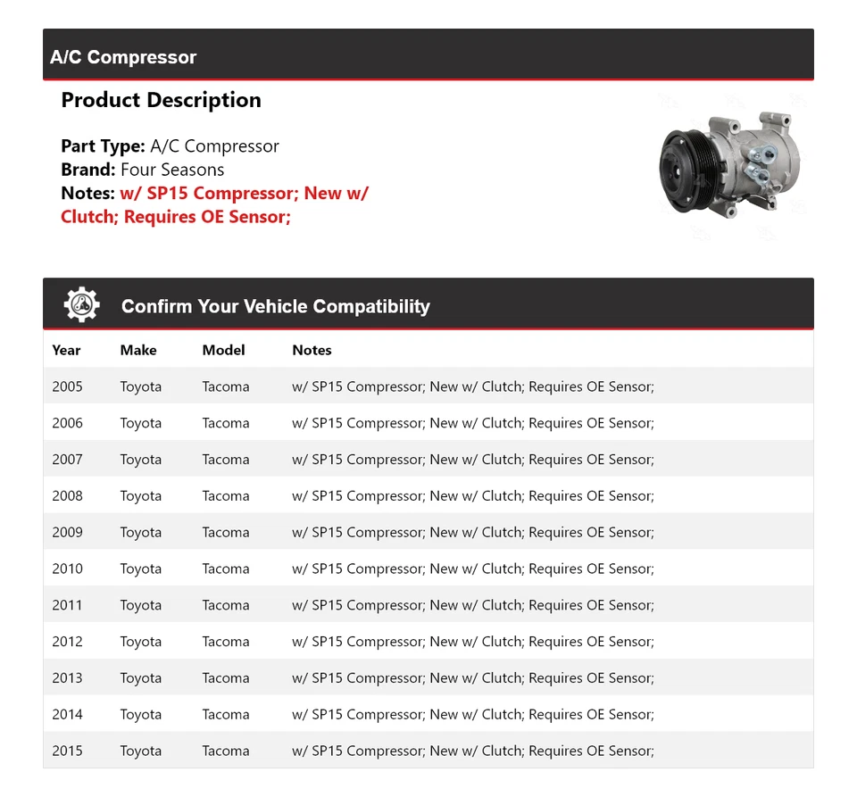 Compresor de aire acondicionado para Toyota Tacoma 2005-2015 4 estaciones 2006 2007 2008 2009 2010 Foto 2 de 4