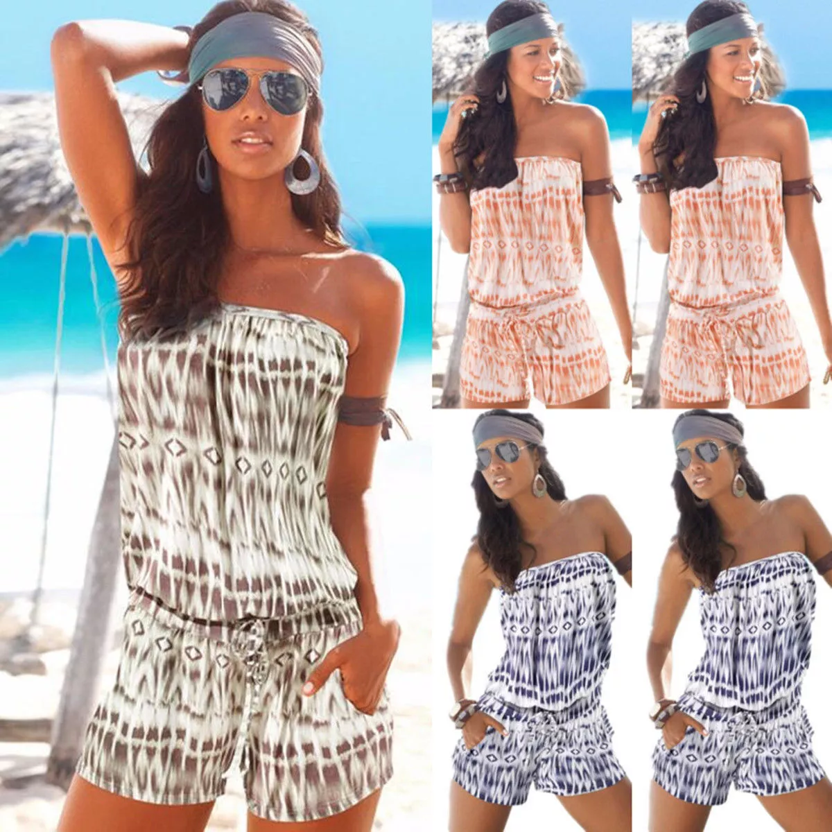 Holiday Womens Fashion New Off Shoulder Bikini Summer Shorts Jumpsuit Beach  Wea