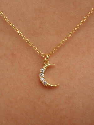 Women's Stunning Moon Pendant Round Cut Simulated Diamond 14K Yellow Gold Plated