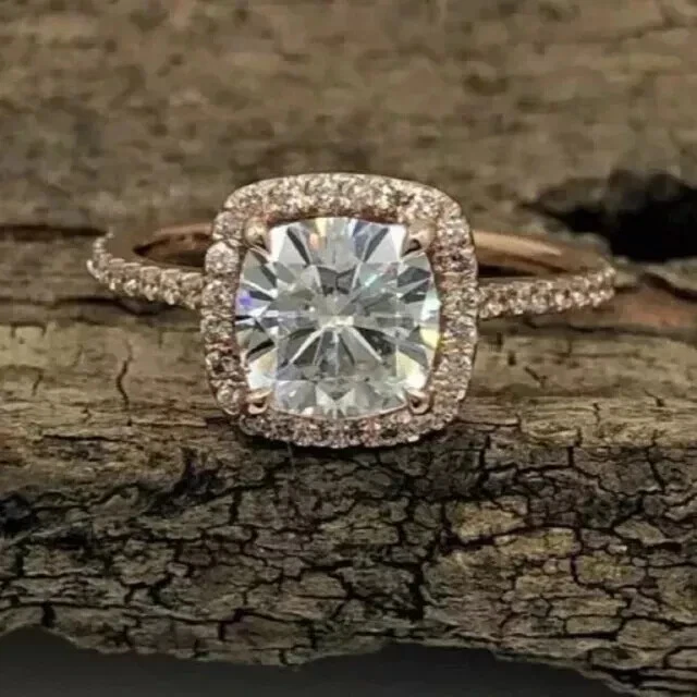 VETEMENTS Anello di fidanzamento 2 50 ct cuscino VVS1 moissanite aureola placcato oro rosa 14 kt