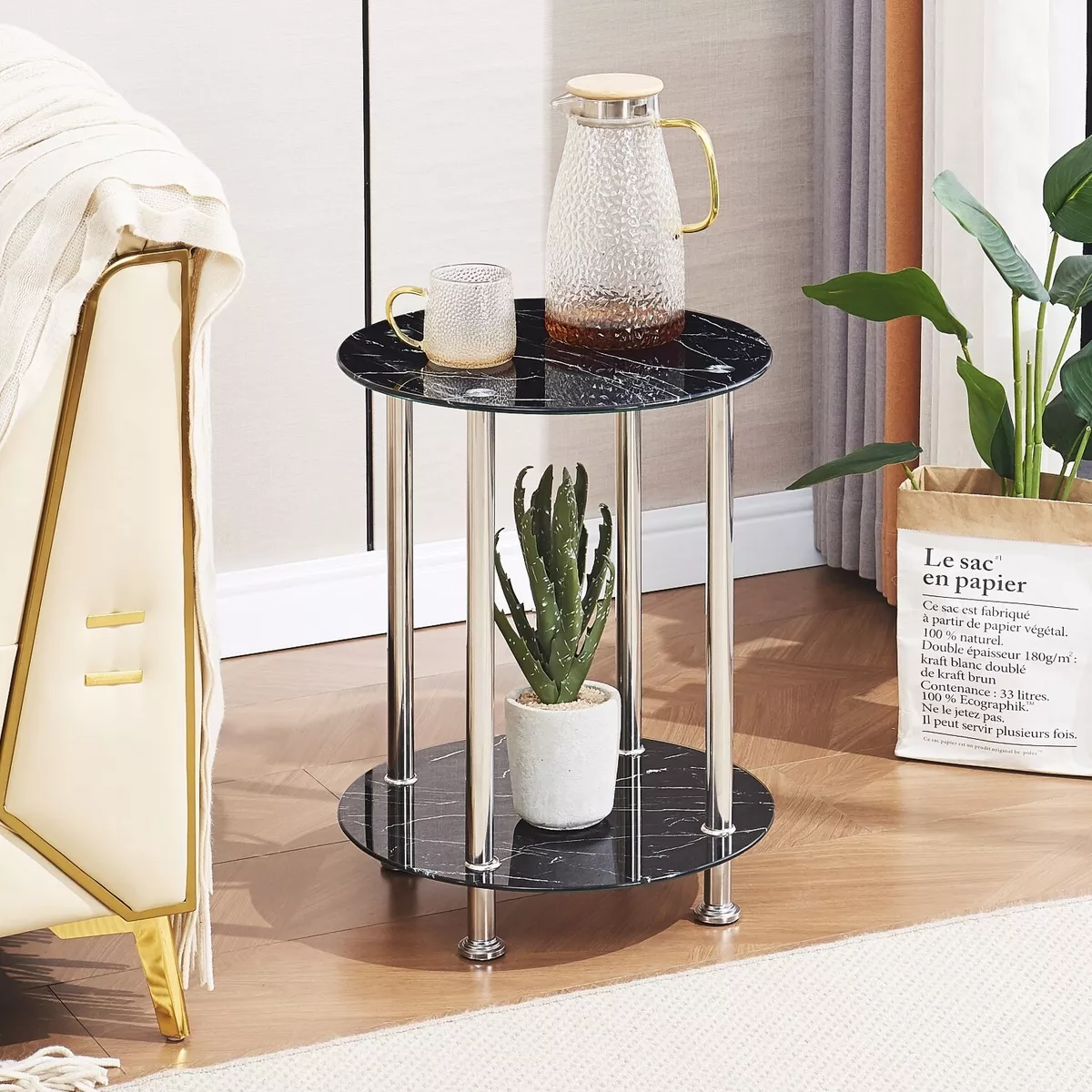 2 Tiers Round Black Marble Tempered Glass Side End Lamp Table Bedside Table