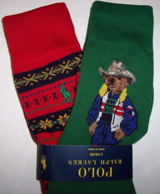 NWT Polo Ralph Lauren 2 PAIRS Red/Green SUN VALLEY BEAR Trouser Socks Men 10-13