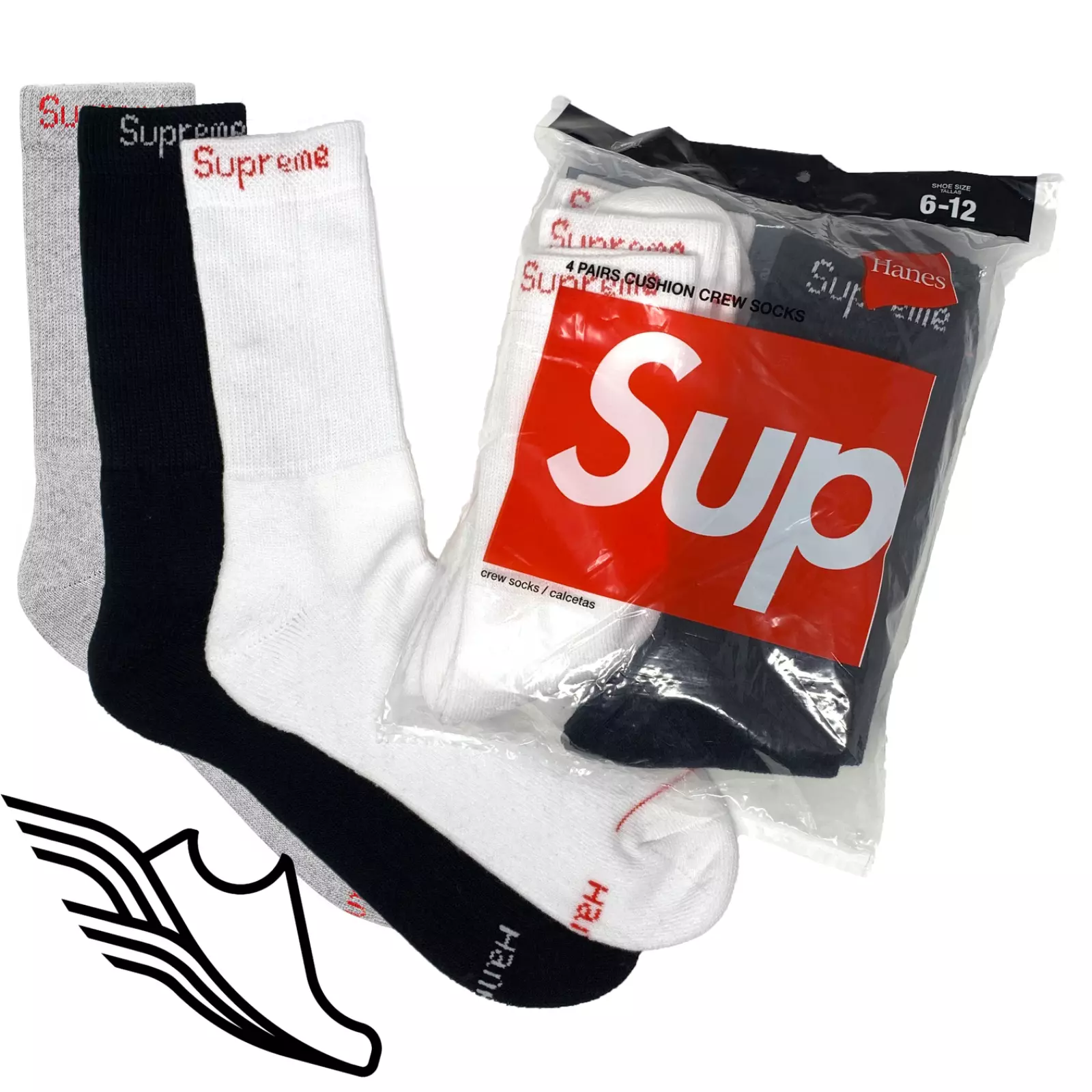 Chaussettes d'équipage scellées et authentiques Supreme / Hanes blanches noires grises   Lot de 4 variétés