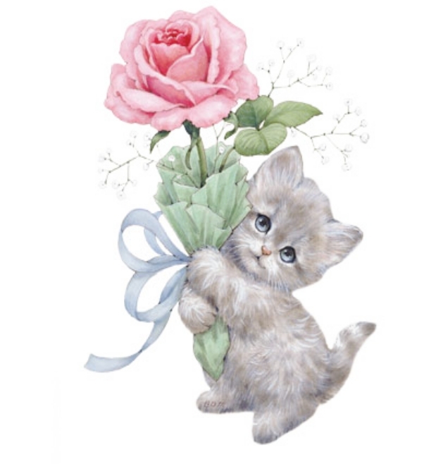 Kitten Holding Pink Rose Shirt, Cat Shirt, Tender Kitty with Blue Eyes, Sm - 5X
