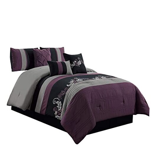 Napa 7-Piece Luxury Leaves Scroll Embroidery Bedding Queen Purple/Black/Gray