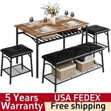 Kitchen Table Set for 4 Dining Table with Bench and 2 Square Stools Storage