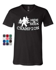 Hide and Seek Champion V-Neck T-Shirt Bigfoot Yeti Funny Humor Tee