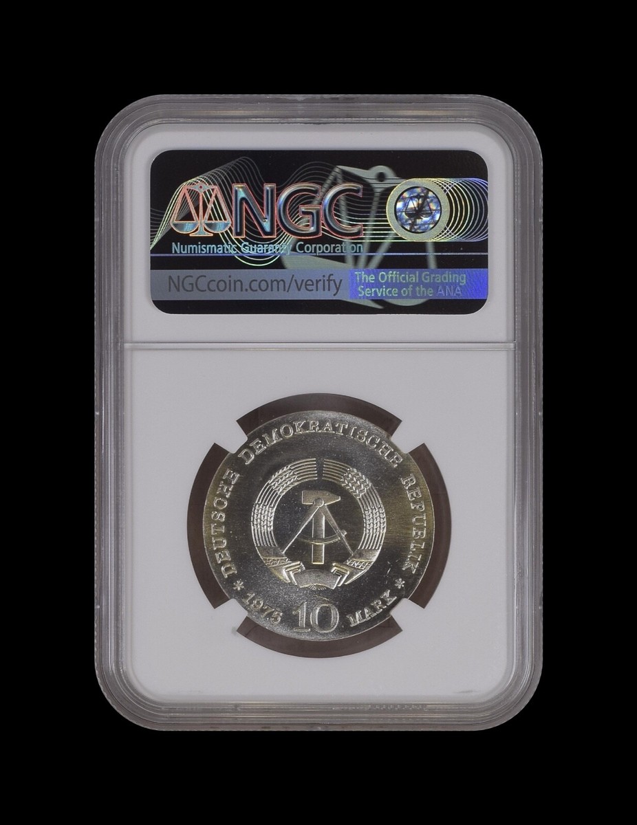 GERMANY, East. 1975, 10 Mark, Silver - NGC MS67 - DDR, Schweitzer