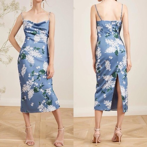 NWT Blue Floral Print Satin Cowl Neck Midi Dress Size M Slit Cocktail Party