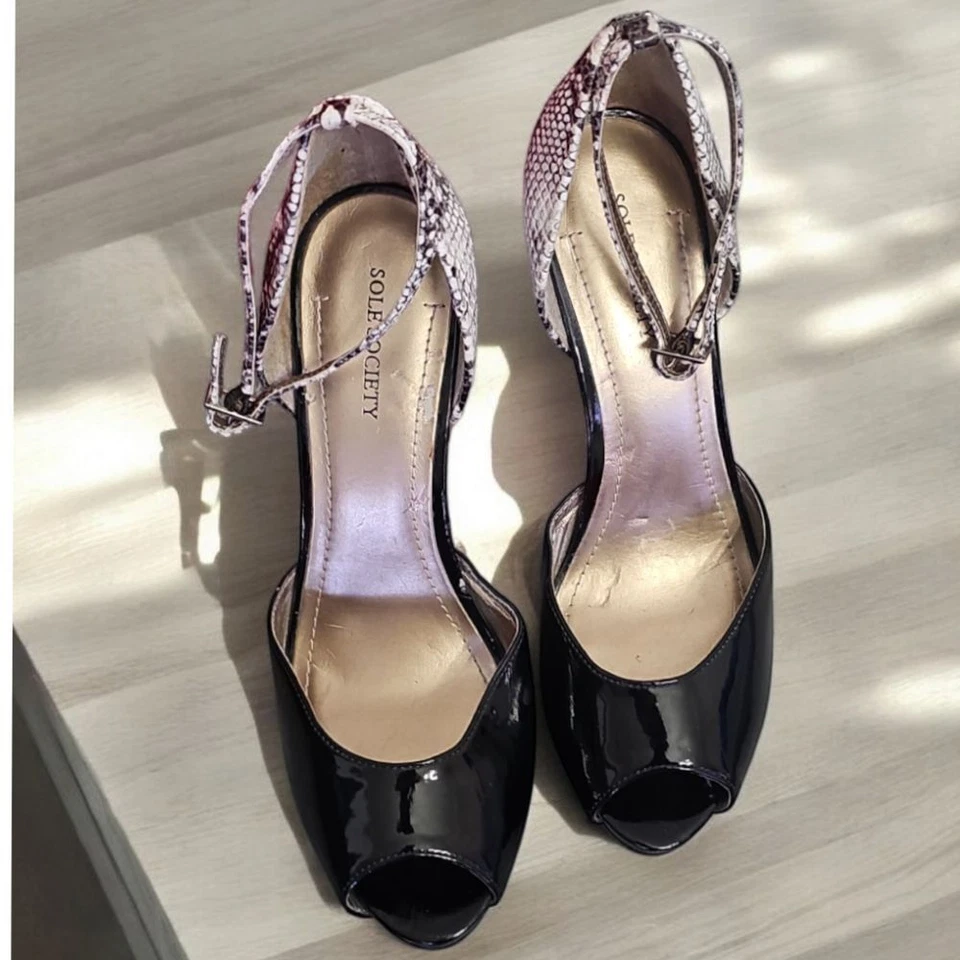 Sole Society Patent Leather Peep-Toe Heels with Snake Print Detail Ankle 9.5B - Image 2 of 4