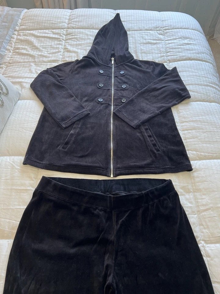 Style and Co Women's Size XL Black Velour Sweatsuit Full Zip Jacket Hoodie - Image 2 of 4