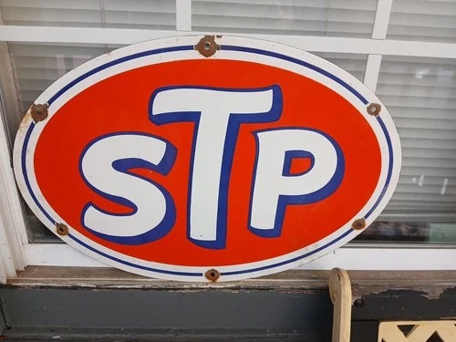 Large Vintage STP 2FT Porcelain Metal Oval Sign - Gas Pump Automotive Sign
