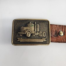 Trucker Semi Truck Vintage Brass Belt Buckle and Engraved Belts 41" 43"