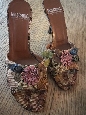 MOSCHINO TAPESTRY SLIDE Heels LEATHER FLOWERS Appliqués 39.5 Y2K $698 Italy