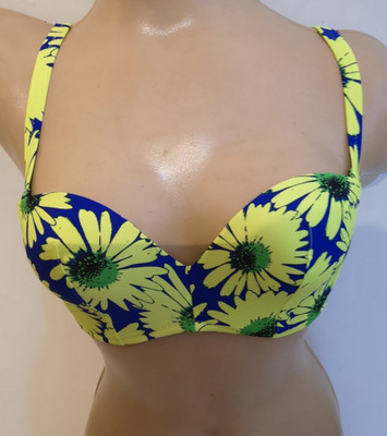 POUR MOI YELLOW BLUE FLOWER CRAZY DAISY STRAPLESS PADDED BIKINI TOP 32C CUP BNWT