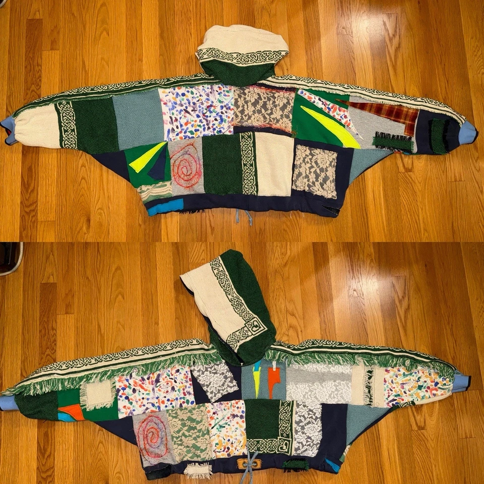 Sudadera con Capucha Reciclada Patchwork Flecos Cortos Celta Cero Residuo Hecha a Mano S-2X Foto 3 de 4