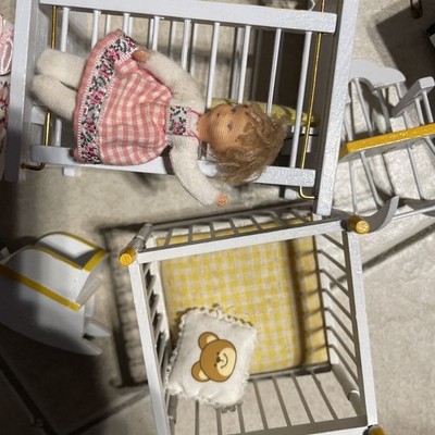 Vtg Dollhouse Wood Furniture Nursery Set Classic 5pc Cradle Playpen High Chair