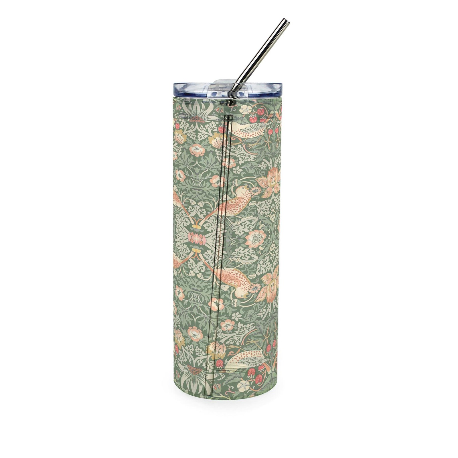 Green Strawberry Thief Glass Travel Flask & Straw - William Morris Artwork Gift
