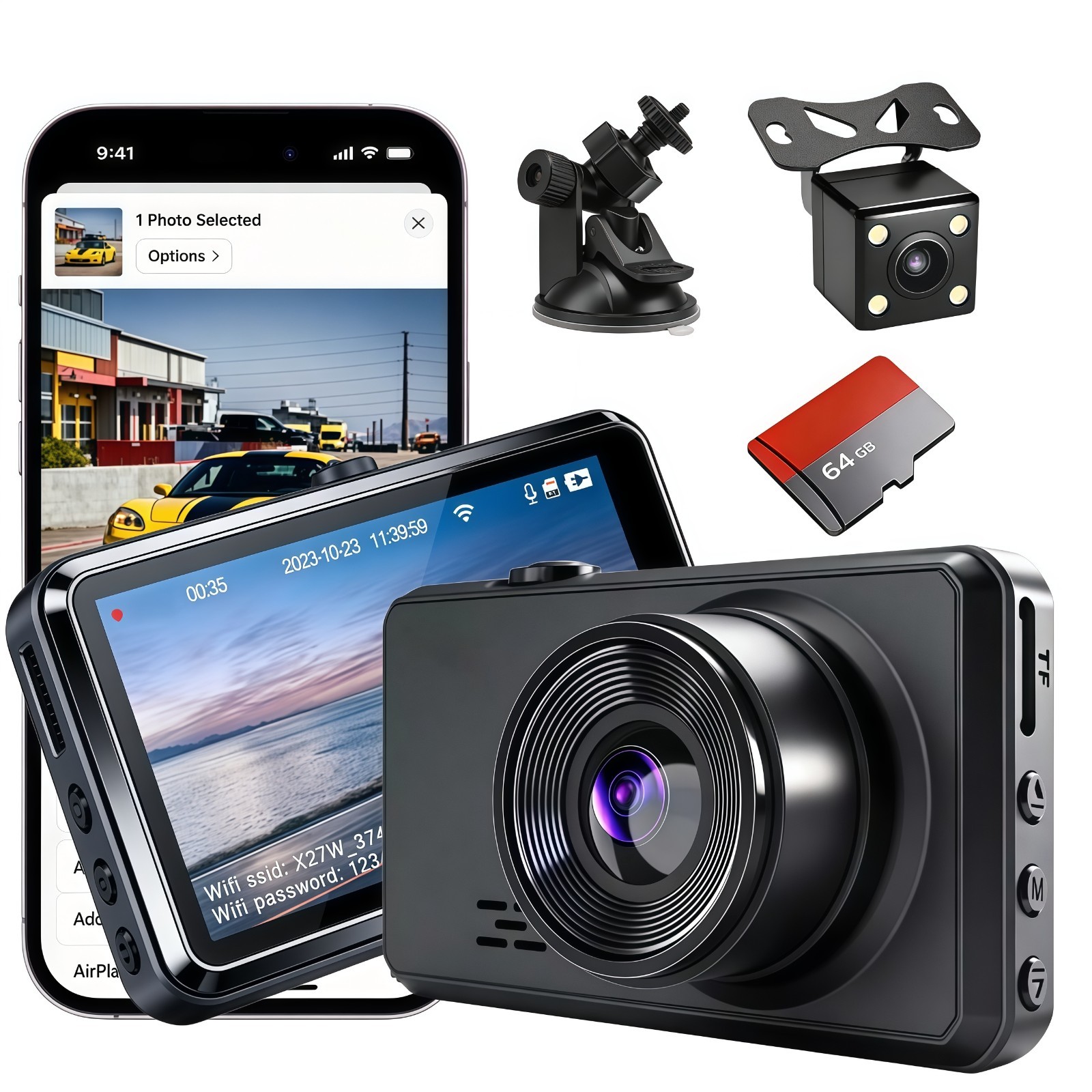 Caméra voiture wifi haute résolution 1296P avec surveillance continue 24h/24