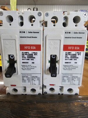 Eaton HFD2020 Circuit Breaker 2 Pole 20 Amp 600 Vac hfd2020 HFD hfd 65k@480 Vac