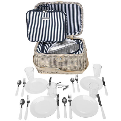 anndora Weiden Picknickkorb 4 Personen beige blau gestreift Natur + Isotasche