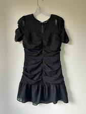 Storia Black Mini Dress Witchy Tiered Ruched Chiffon Overlay Women’s Sz M