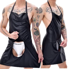 Men Sexy Faux Leather Apron Faux Leather Cosplay Chef Servant Costume Zipper