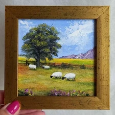 Original Oil Painting Landscape with Sheep Framed Smaill Wall Art 4 x 4 in