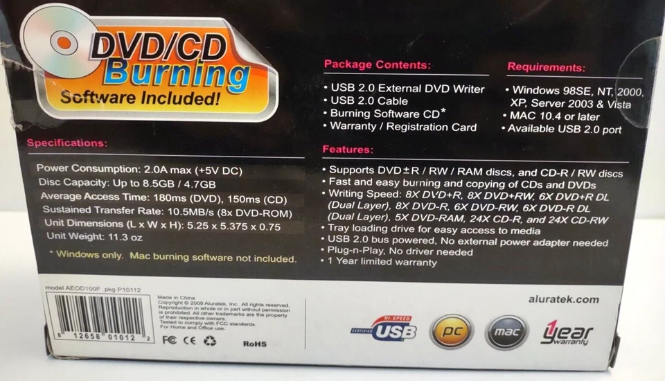 Aluratek AEOD100F USB 2.0 Externo Delgado Multiformato 8X Lector/Grabador de DVD Foto 4 de 4