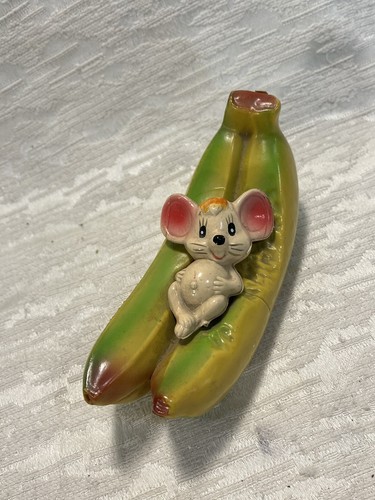 Vintage Hard Plastic Bank Mouse Sitting on Banana Made Hong Kong With Plug -5195