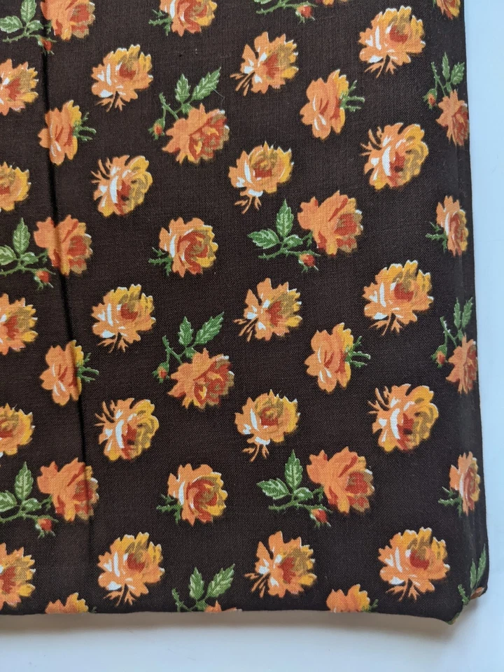 Vintage Mid-Century Floral Fabric Orange Rose Print Brown Background 44" by 2 YD - Image 4 of 4