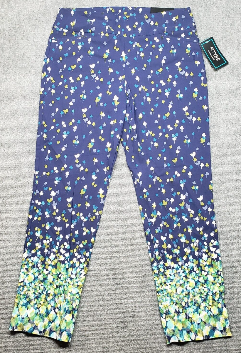 Attyre Pants Womens 14 Blue Floral Audrey Ankle Slim Leg High Rise Pull On  New | eBay
