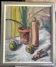 Oil Painting Still Life With Mug ° Unreadable Signed Low Antique