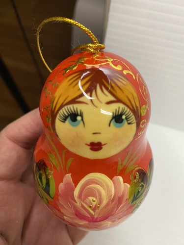 Russian Hand Painted Matryoshka Doll Ornament 3” Ribbon Red Pink Floral - Picture 10 of 10