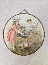 Vintage Victorian CHILDREN PLAYING Oval Chimney Flue Cover & Metal Chain Border