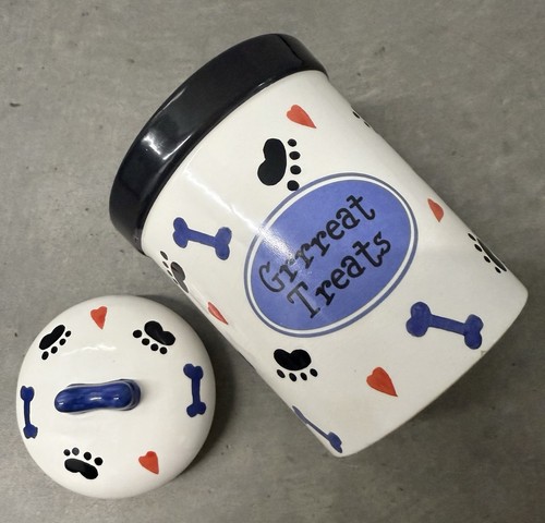 Ceramic “Grrreat Treats” Dog Treat Jar With Lid In White, Black, Blue, Red - Picture 5 of 8