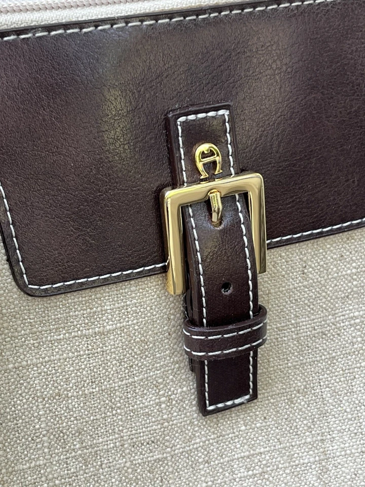 Bolso de Mano Etienne Aigner Imitación Cuero Lino Beige Cartera de Hombro Tono Dorado Foto 4 de 4