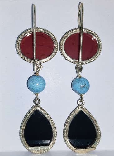Tagliamonte 18ct YGP SS, Red Glass Cameo Turquoise Bead & Onyx Drop Earrings New - Picture 6 of 21