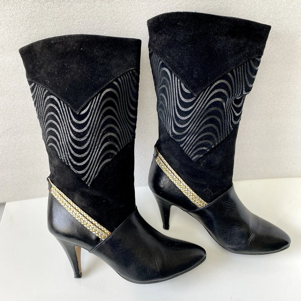 Botas Sheila E Cuero Negro Dorado Gamuza Talla US 7.5 Grecia Años 80 Gatito Tacón Disco Foto 2 de 4