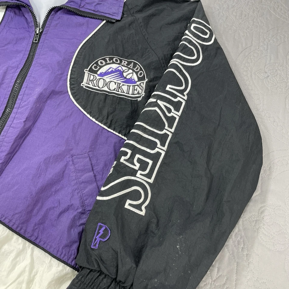 Quebra-vento masculino vintage anos 90 Colorado Rockies Pro Player tamanho L onda zíper completo - Imagem 2 de 4