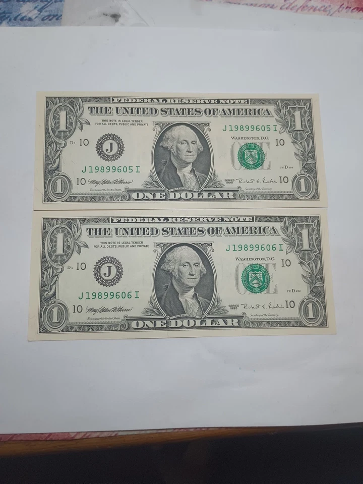 2-1995 $1 J KANSAS CITY BEP J-I BLOCO NÚMEROS DE SÉRIE SEQUENCIAIS (605)-(606)UNC - Imagem 3 de 4