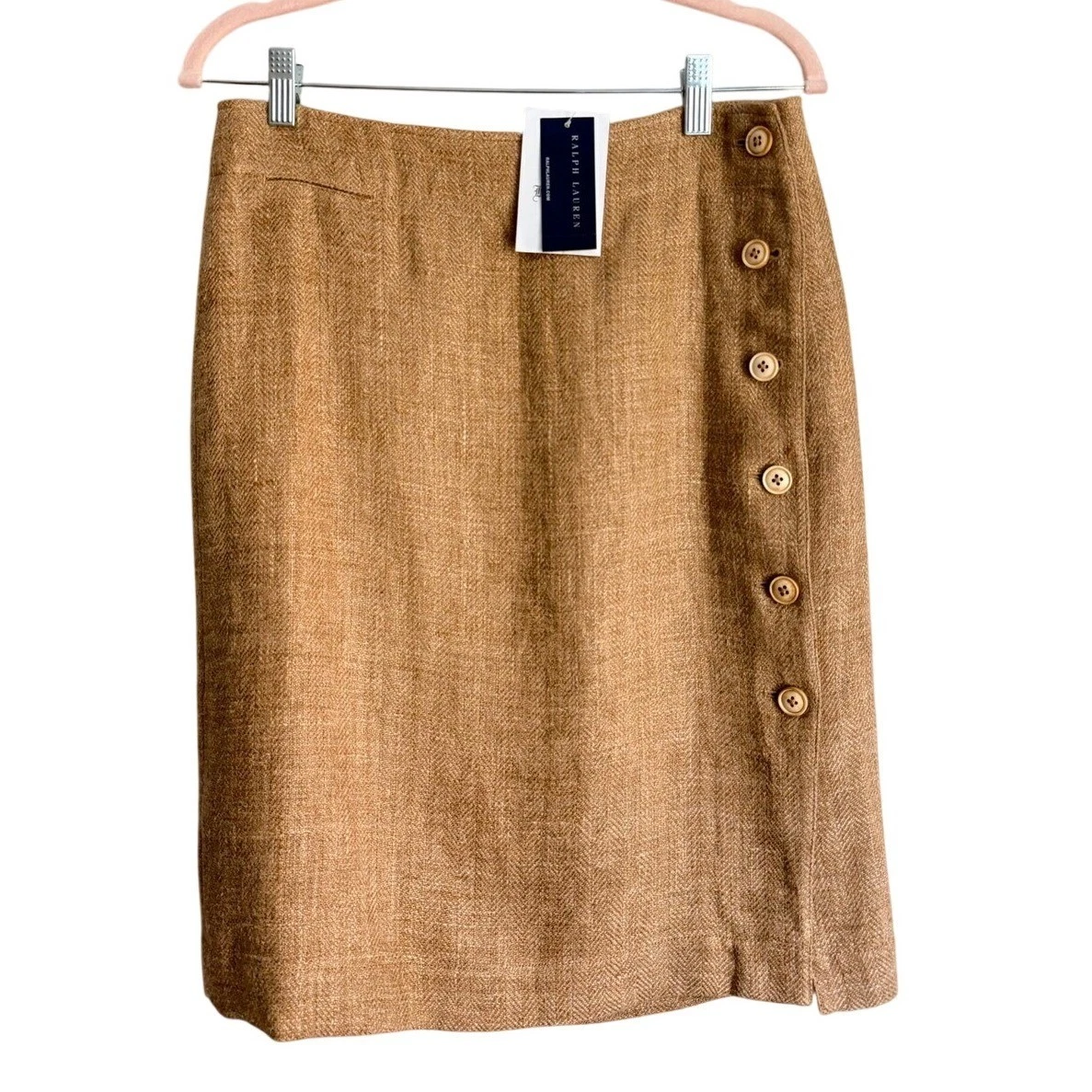 NWT Ralph Lauren Hamptons Linen Skirt Womens 6 Tan Herringbone Button Pencil