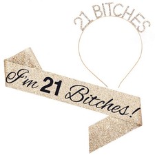 Im 21 Bitches Sash, Rhinestone Headband Set, 21st Birthday, Gold, Black