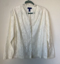 Karen Scott Jacket Large Ivory Lace Pearl Accents Scallop Front Button Up Jacket