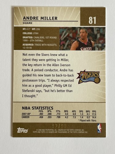 2008-09 Topps Co-Signers Andre Miller Gold SSP #92/99 - Picture 2 of 2